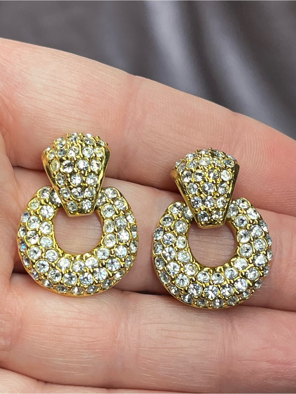 Roman Signed Gold Tone Pave Rhinestone Door Knocker Earrings Vintage
